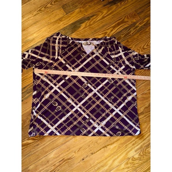 Denim & Co. Women's 3XL V-Neck gold Chain neck and Print L/S Blouse equestrian - Picture 6 of 7